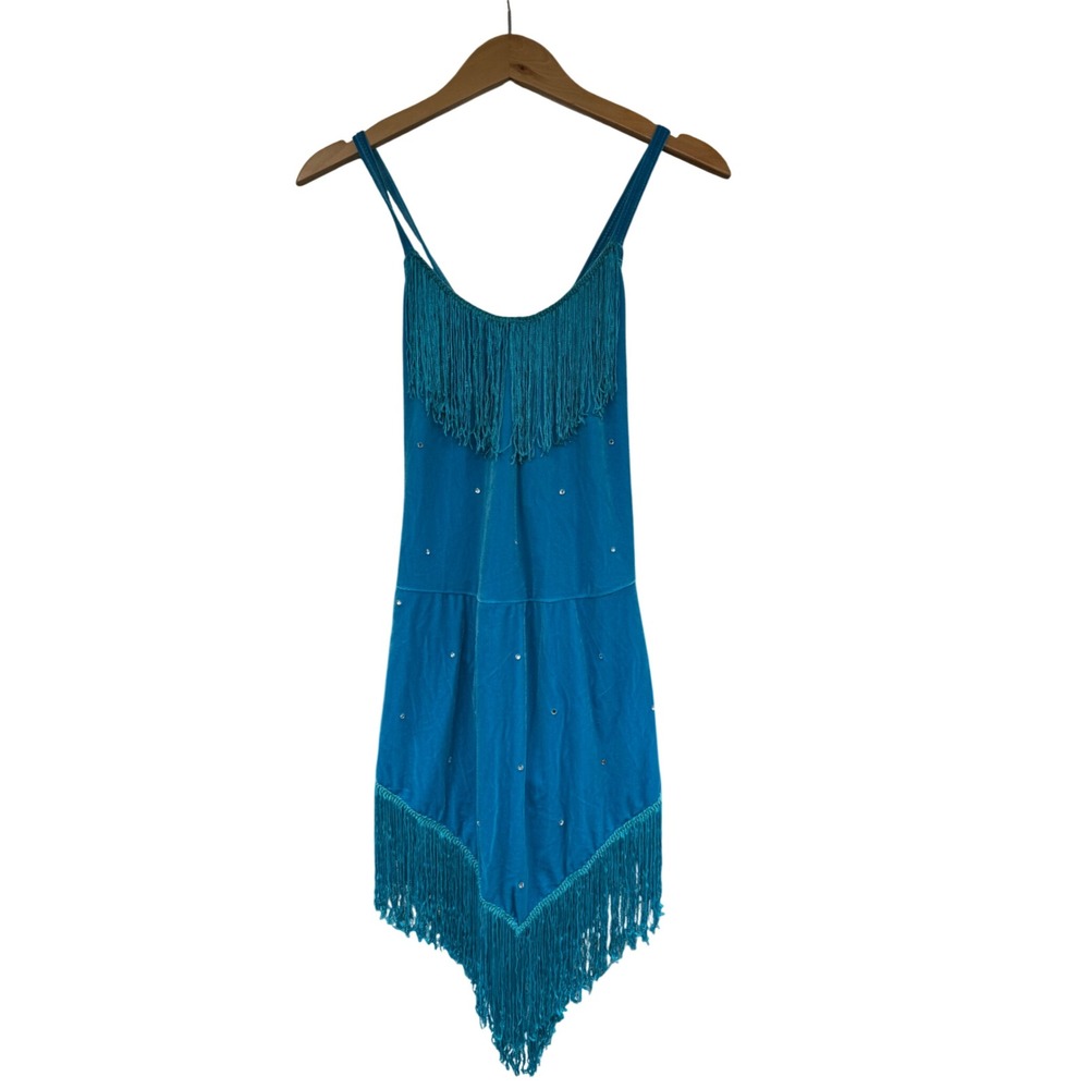 Turquoise Velvet Fringe Dance Dress Rhinestone Open Back Costume Medium Adult